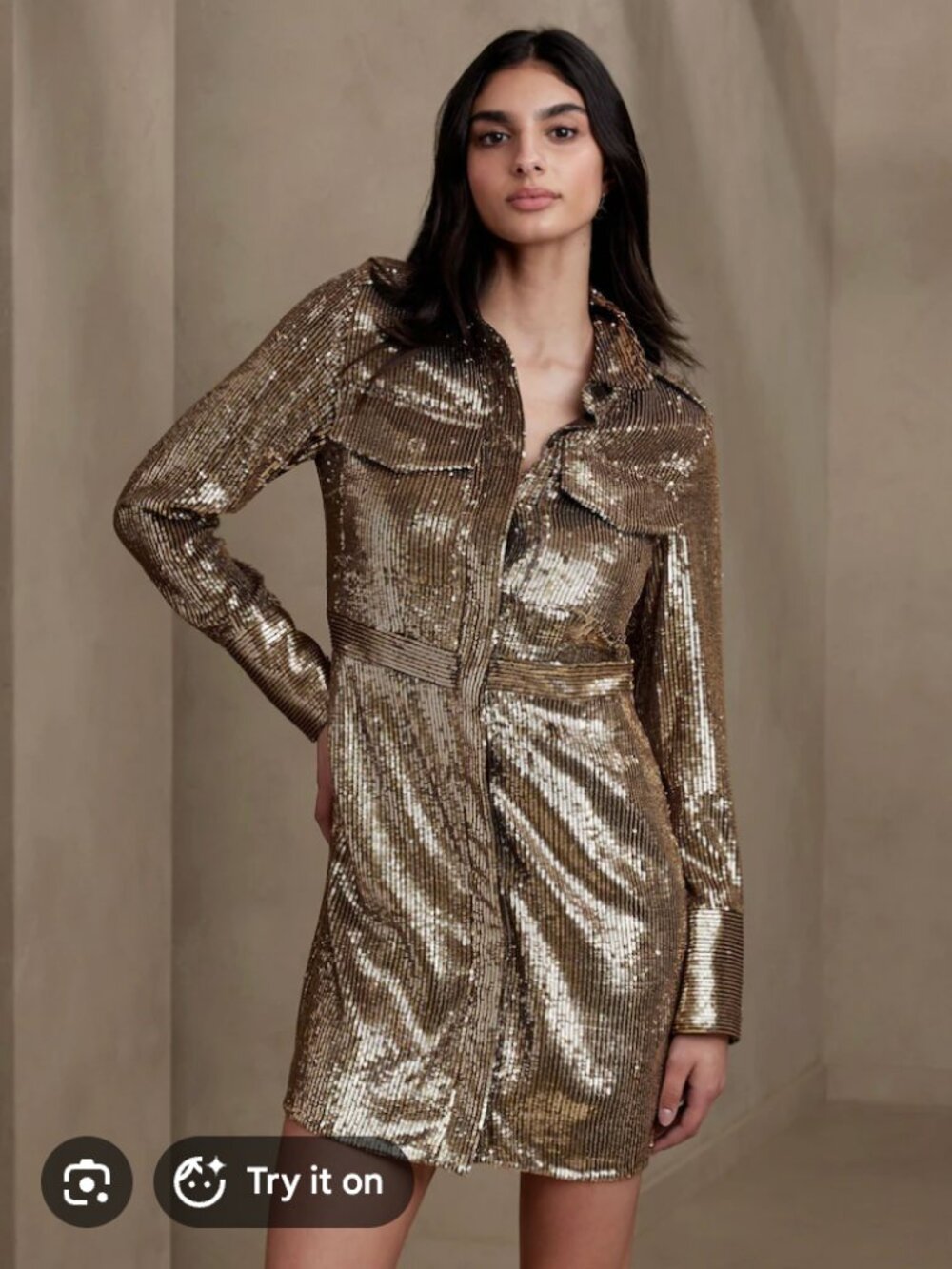 Banana Republic Ulla Gold Sequin Shirt Dress Womens Size 6 Tall Utilitarian Mini